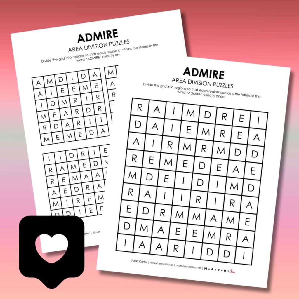 admire area division logic puzzles for valentine's day.