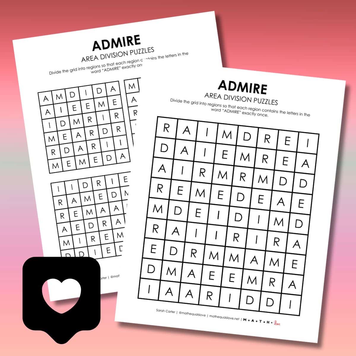 admire area division logic puzzles for valentine's day.