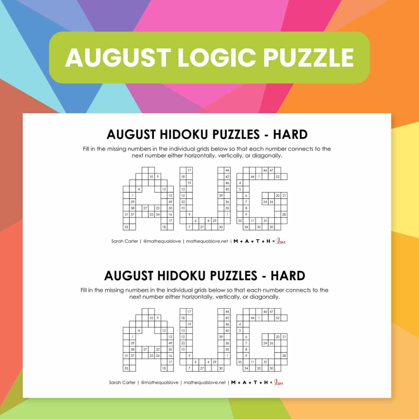 august hidoku logic puzzle printable pdf.