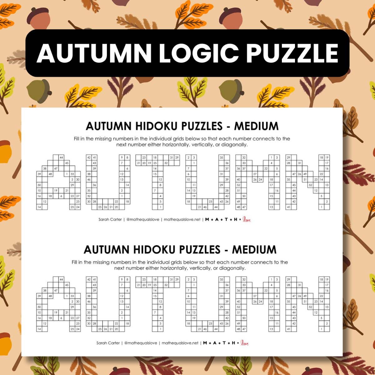 autumn hidoku logic puzzle free printable pdf.