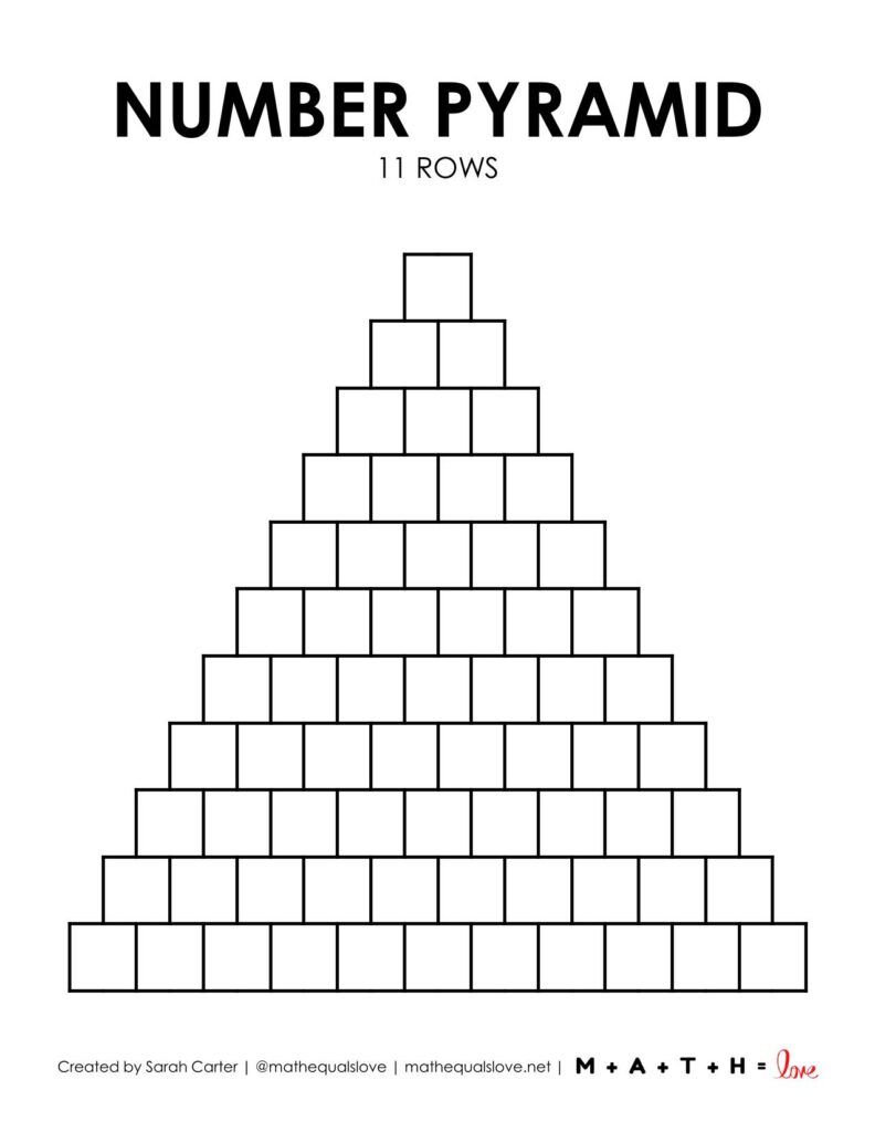 blank math number pyramid template with 11 rows