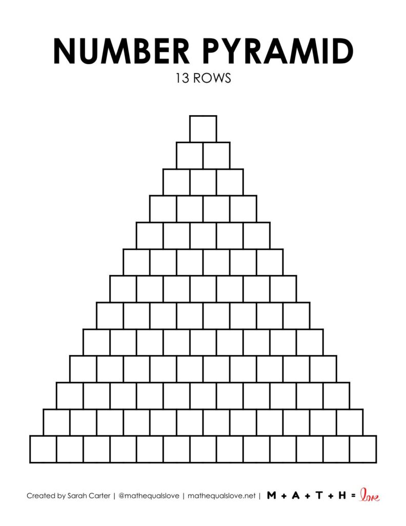 blank math number pyramid template with 13 rows