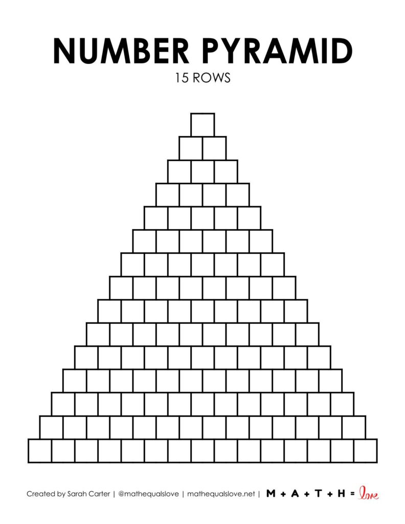 blank math number pyramid template with 15 rows