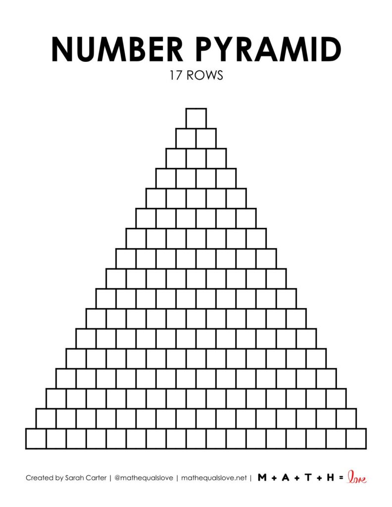 blank math number pyramid template with 17 rows