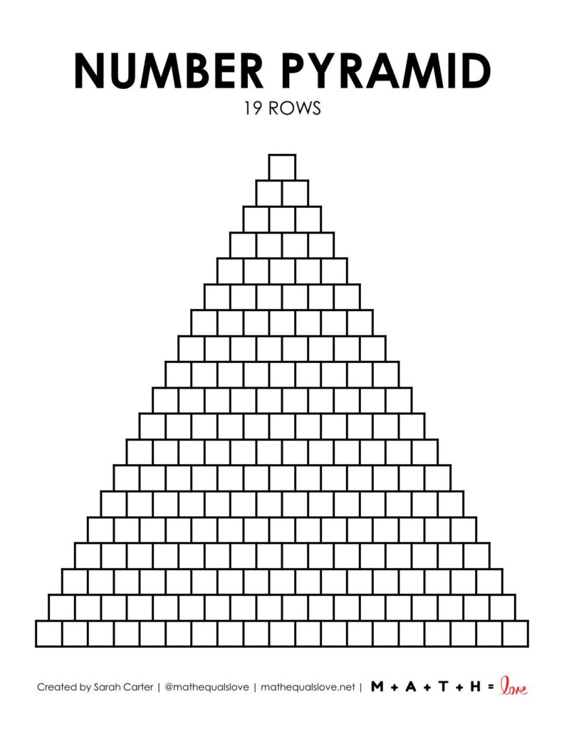 blank math number pyramid template with 19 rows