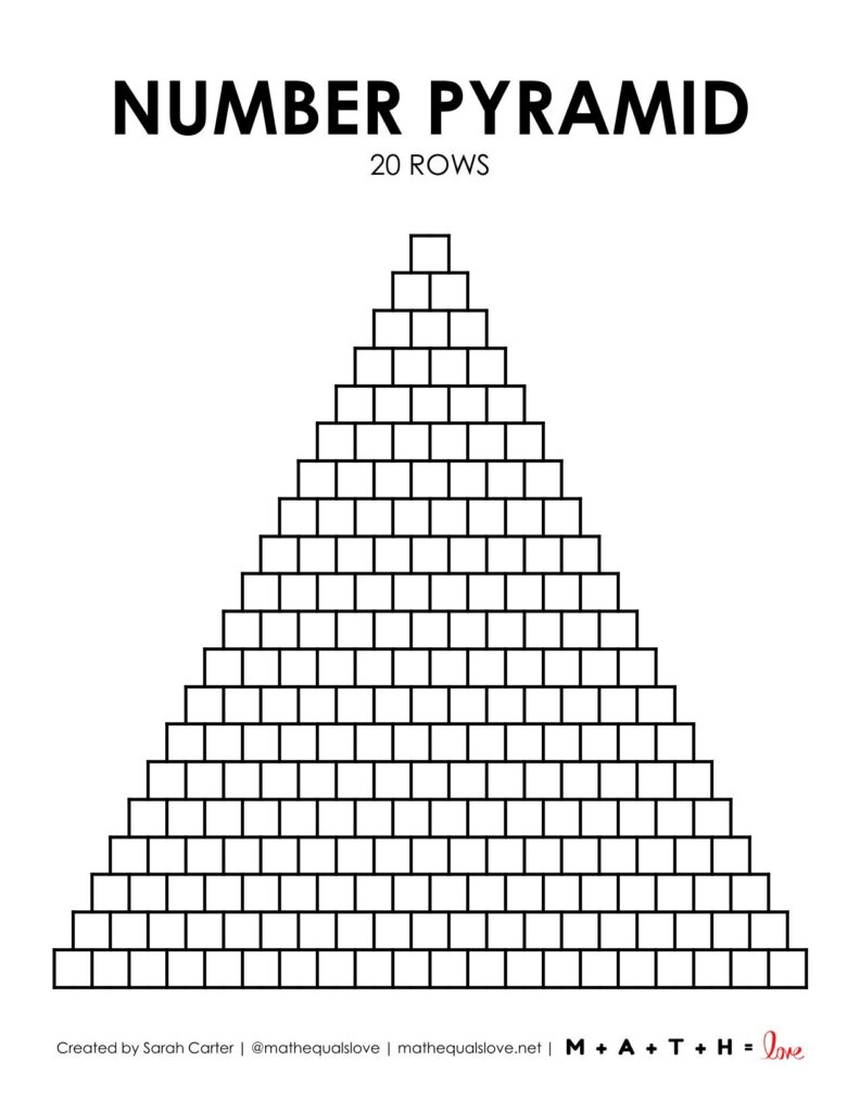 blank math number pyramid template with 20 rows