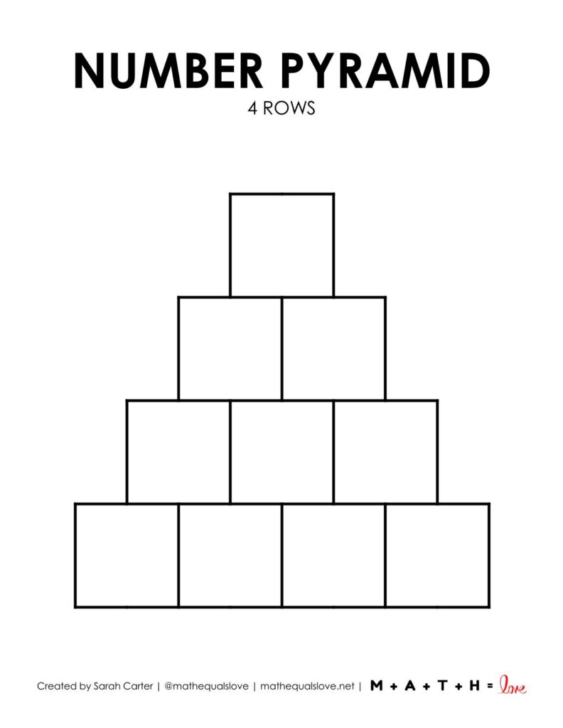 blank math number pyramid template with 4 rows