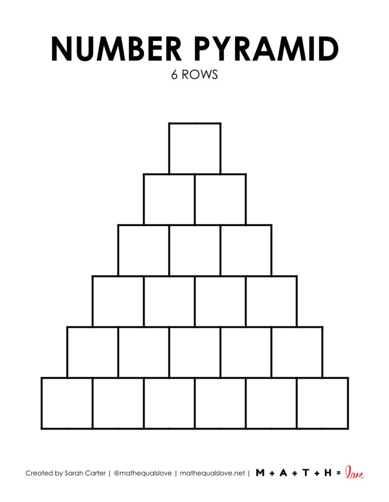blank math number pyramid template with 6 rows