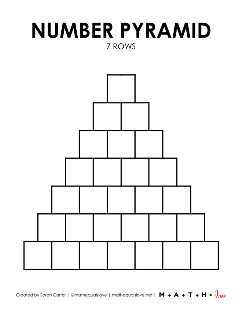 blank math number pyramid template with 7 rows