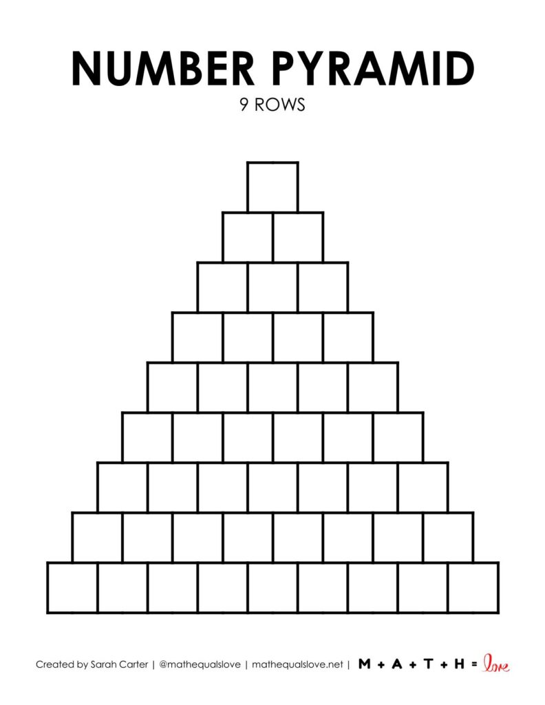 blank math number pyramid template with 9 rows