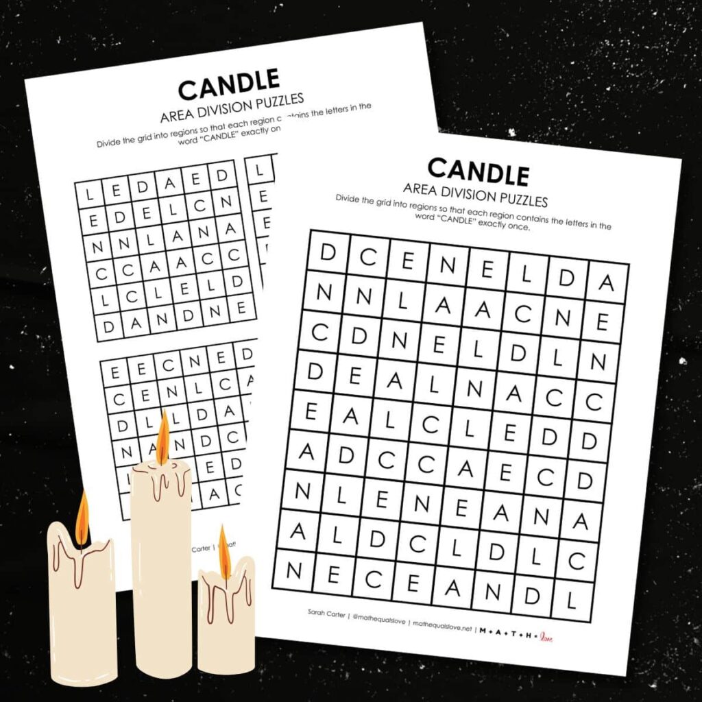 candle area division logic puzzle for winter holidays. 