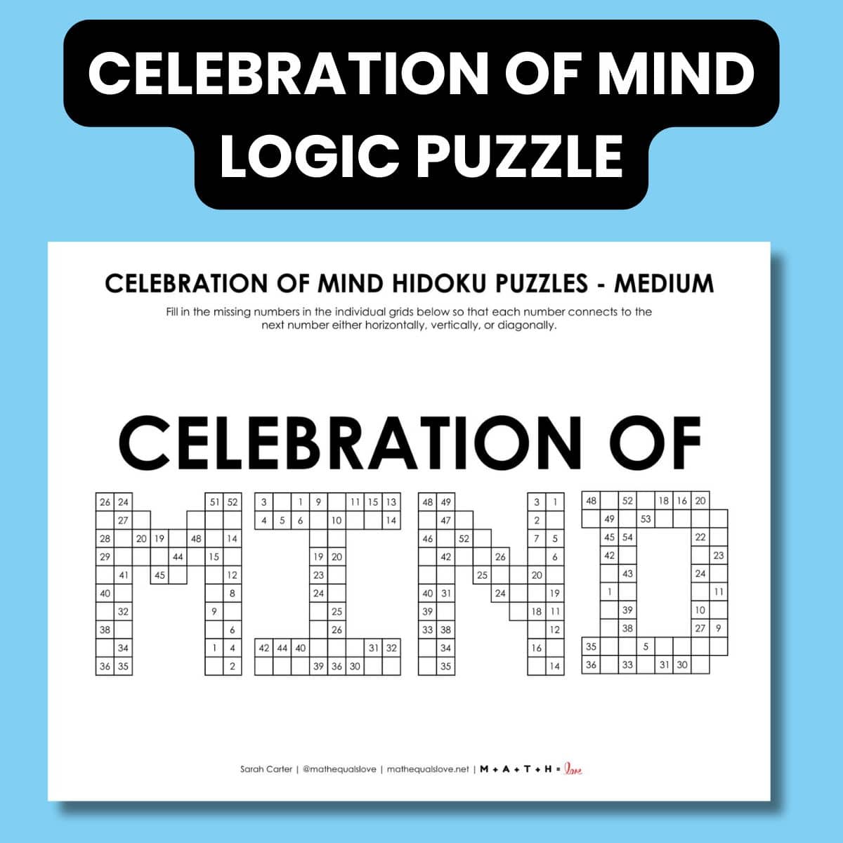 celebration of mind day hidoku logic puzzle printable pdf.