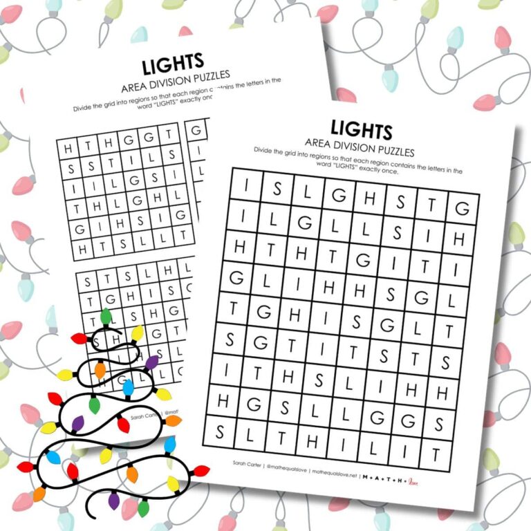 christmas lights area division logic puzzles.