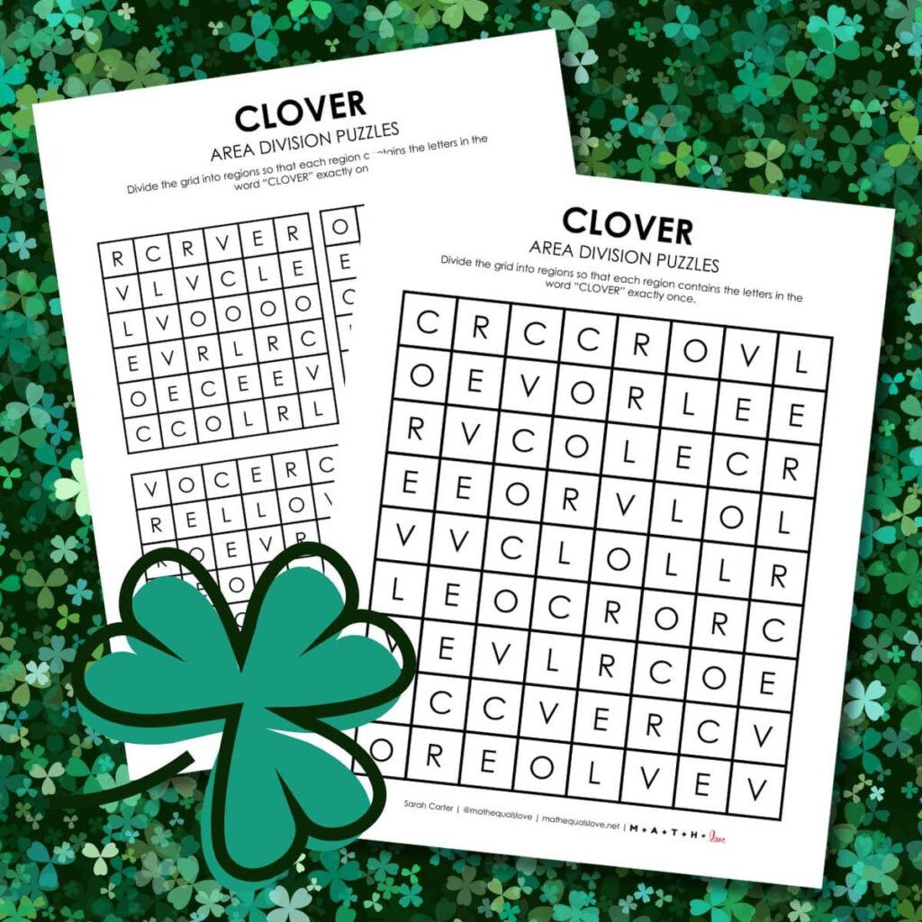 clover area division logic puzzle for st patrick's day.