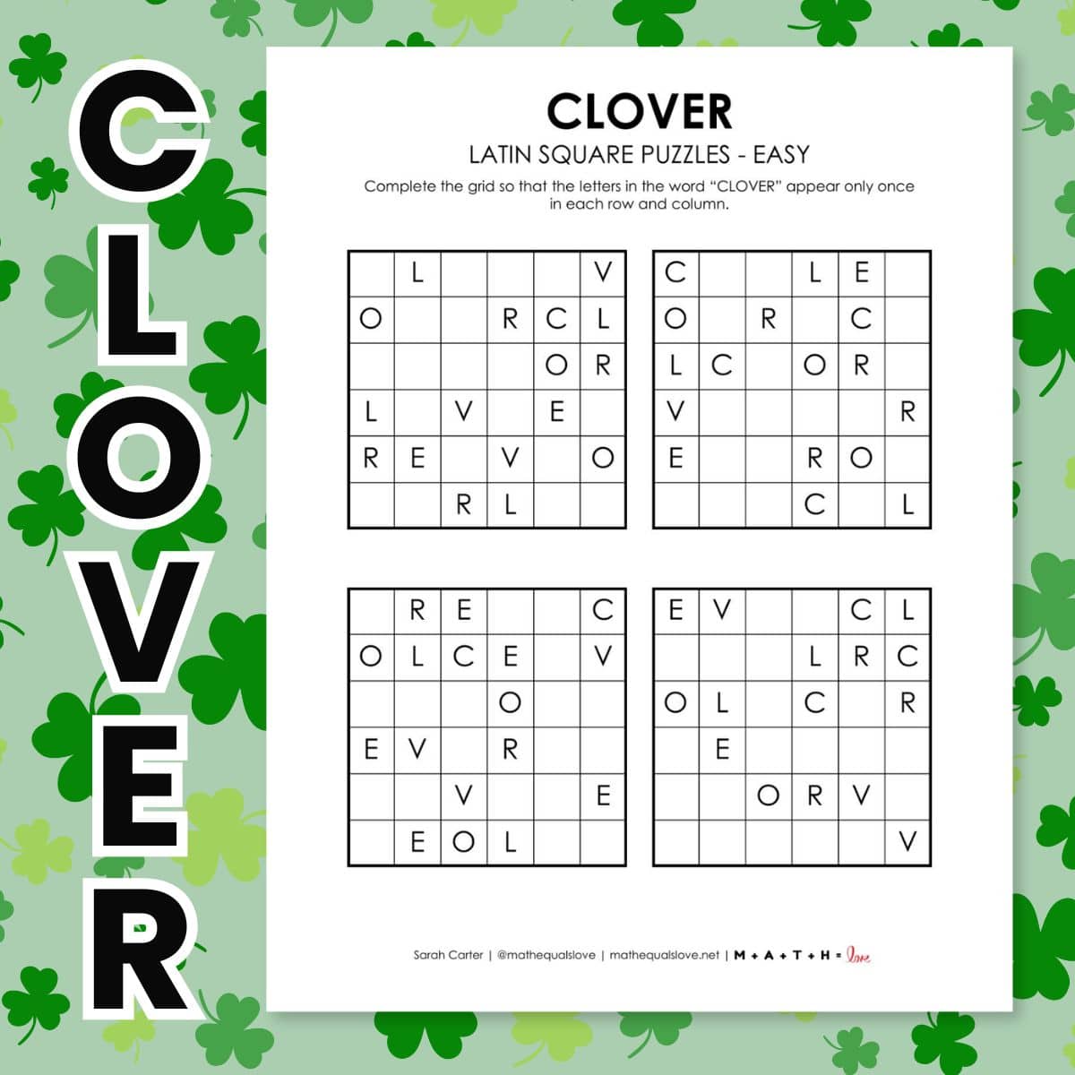 clover latin square logic puzzle st. patrick's day.