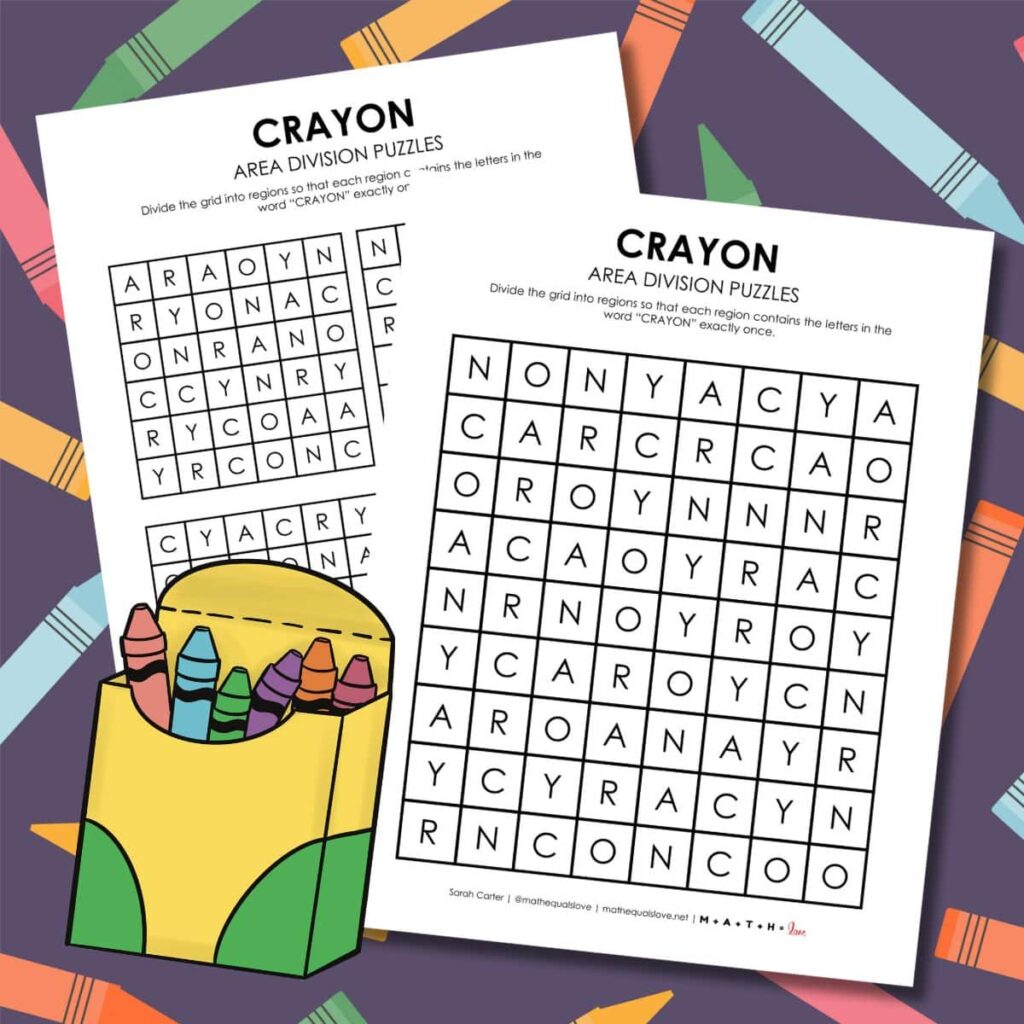 crayon area division logic puzzle for back to school.