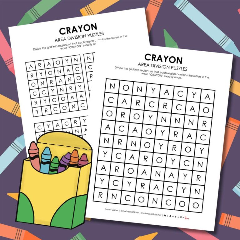 crayon area division logic puzzle for back to school.