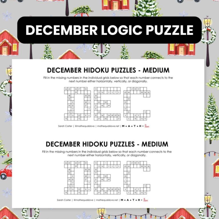 December Hidoku Logic Puzzle Printable.