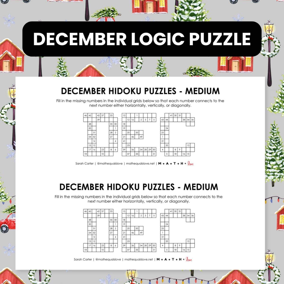 December Hidoku Logic Puzzle Printable.