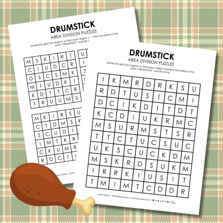 thanksgiving logic puzzle printable area division with drumstick.