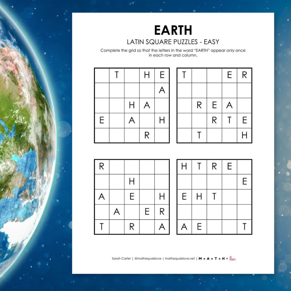 Earth Latin Square Puzzles for Earth Day.