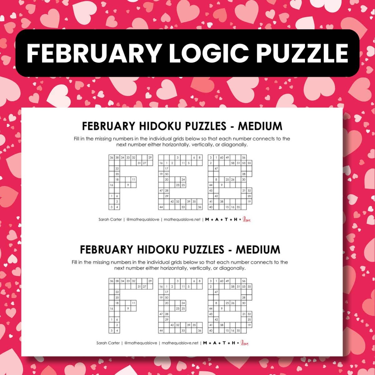 february hidoku logic puzzle printable.