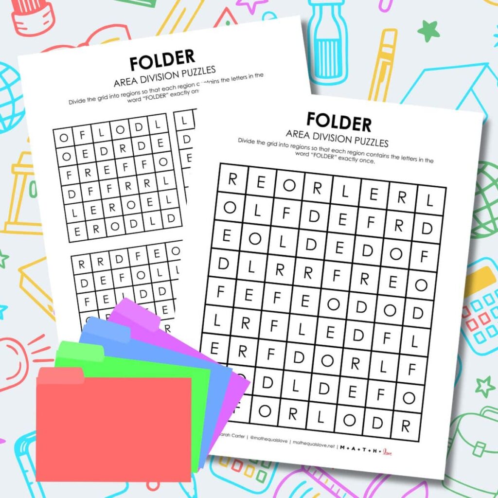 folder area division logic puzzle first day of school. 