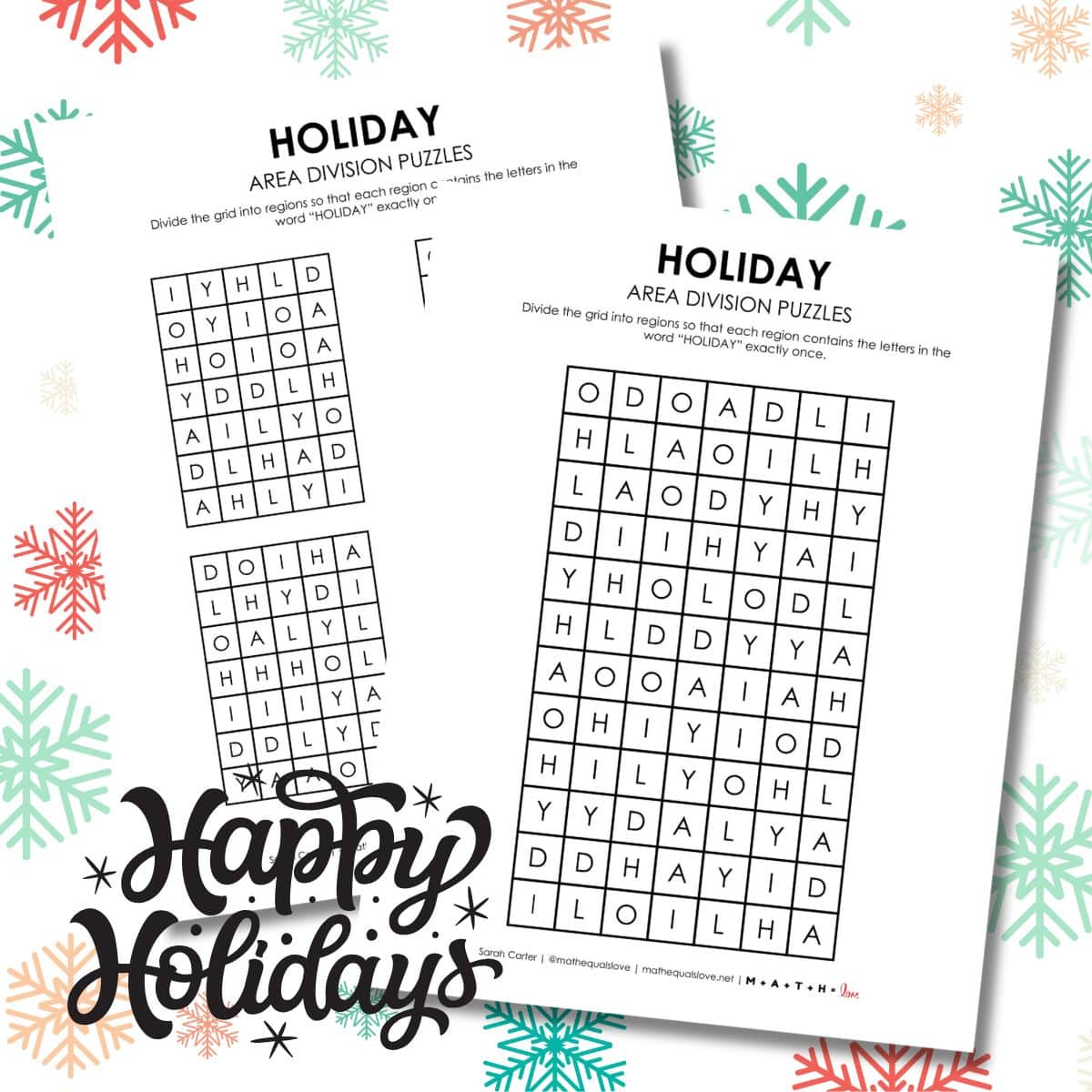 happy holidays area division logic puzzle printable pdf.