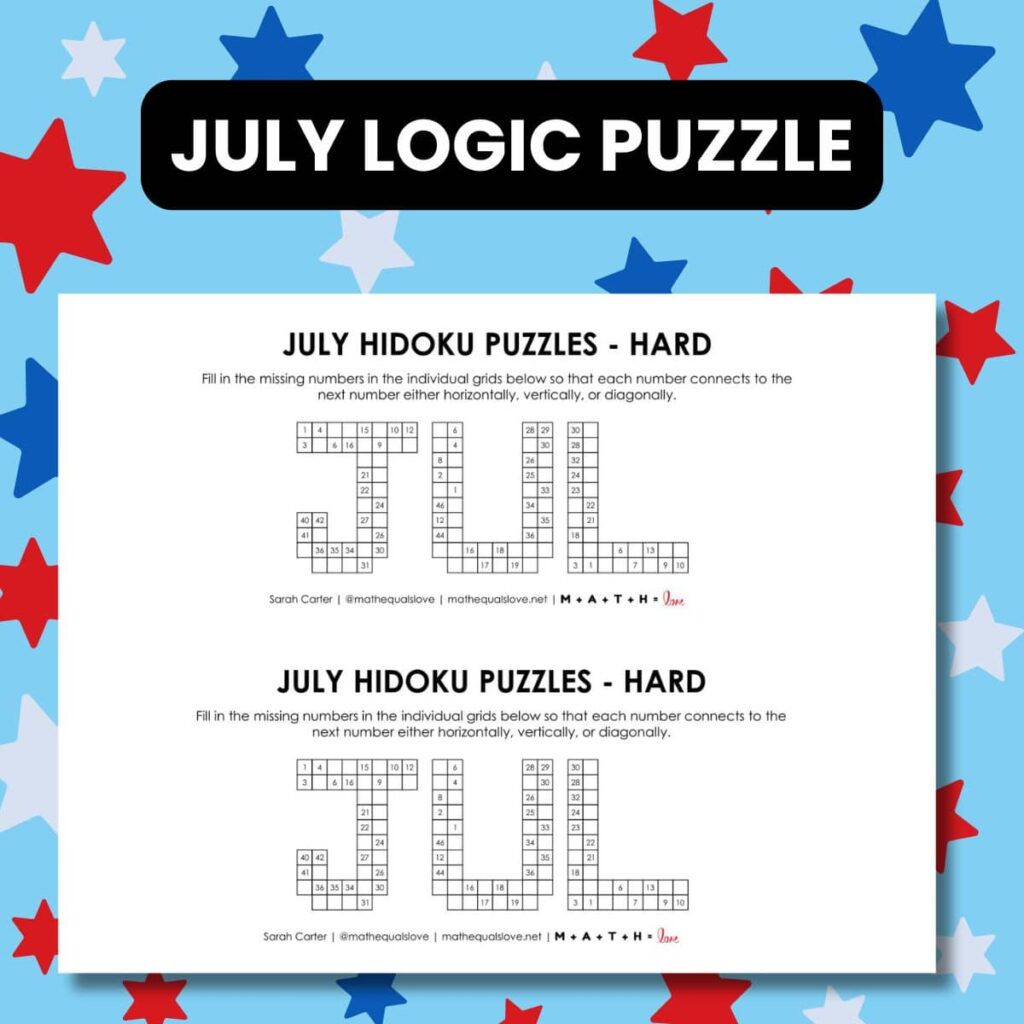july hidoku logic puzzles printable free.