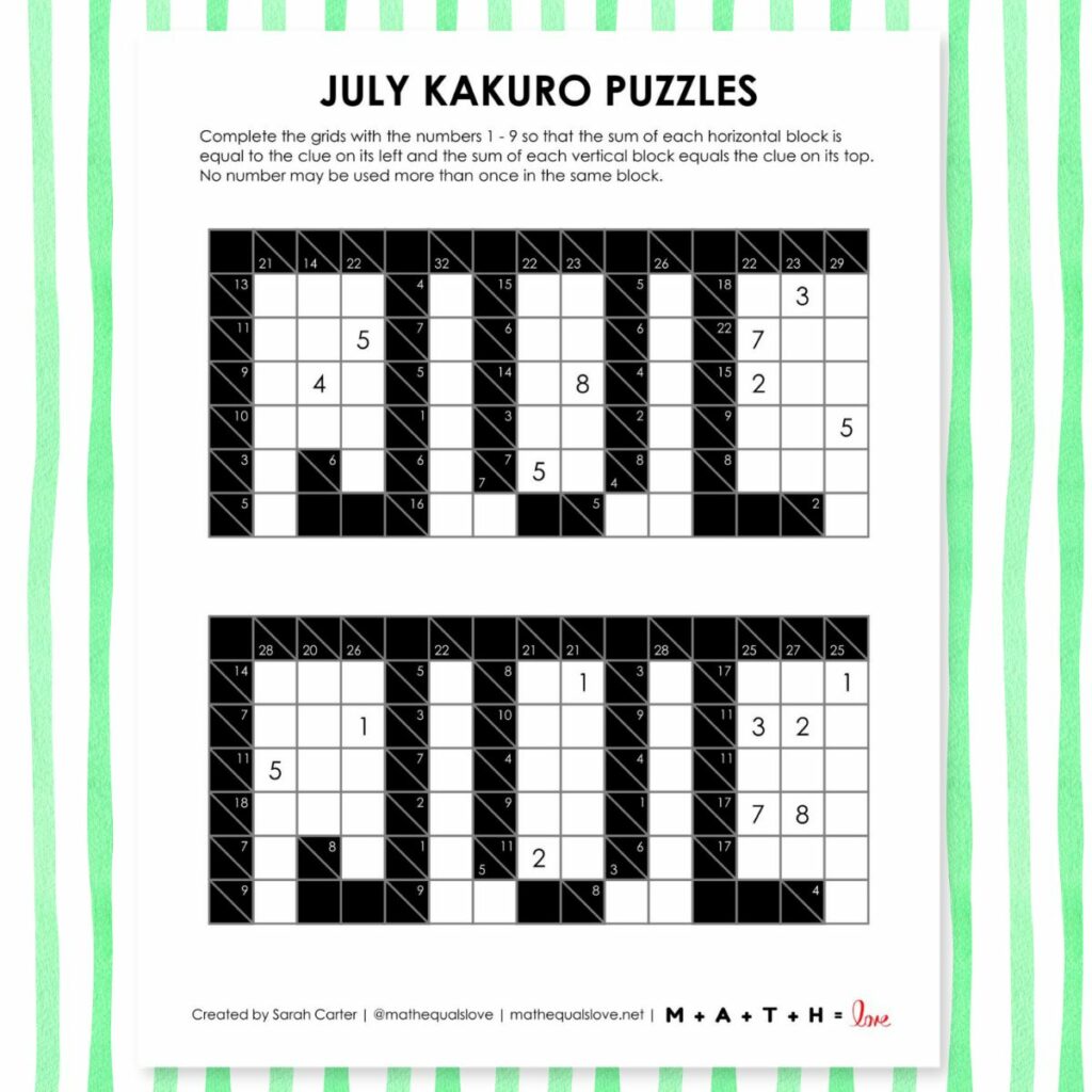 july kakuro puzzle free printable pdf.