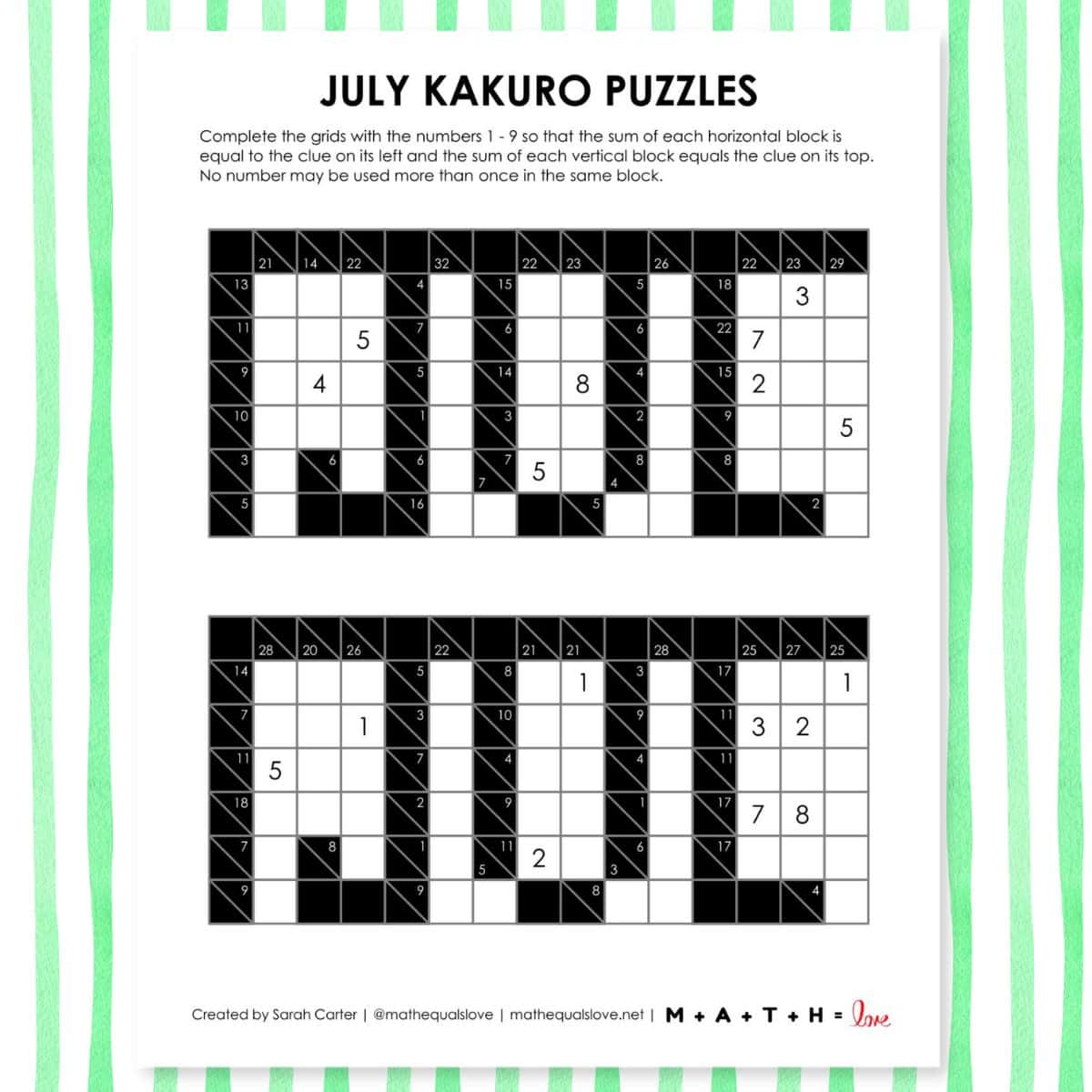 july kakuro puzzle free printable pdf.