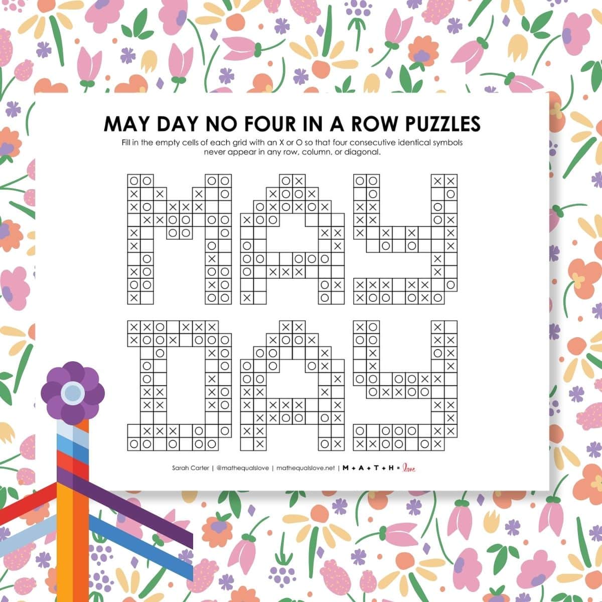may day no four in a row logic puzzle printable pdf.