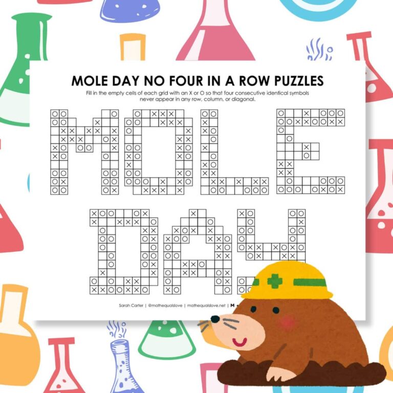 mole day no four in a row logic puzzle printable.