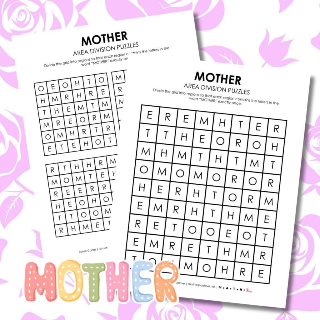 mother area division logic puzzle printable for mother's day.