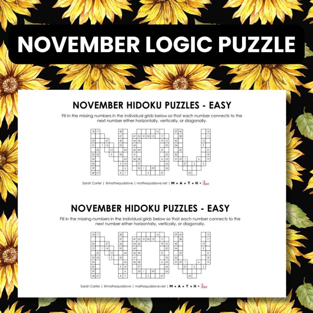 november hidoku logic puzzle printable free. 
