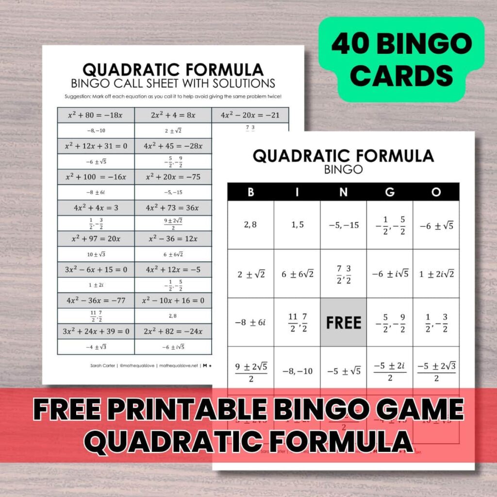 quadratic formula bingo game for solving quadratic equations free printable pdf.