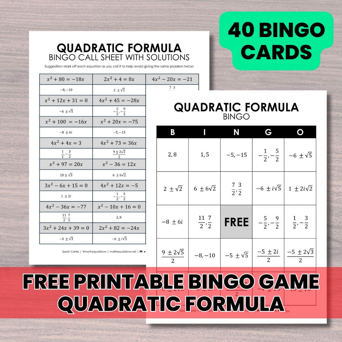 quadratic formula bingo game for solving quadratic equations free printable pdf.