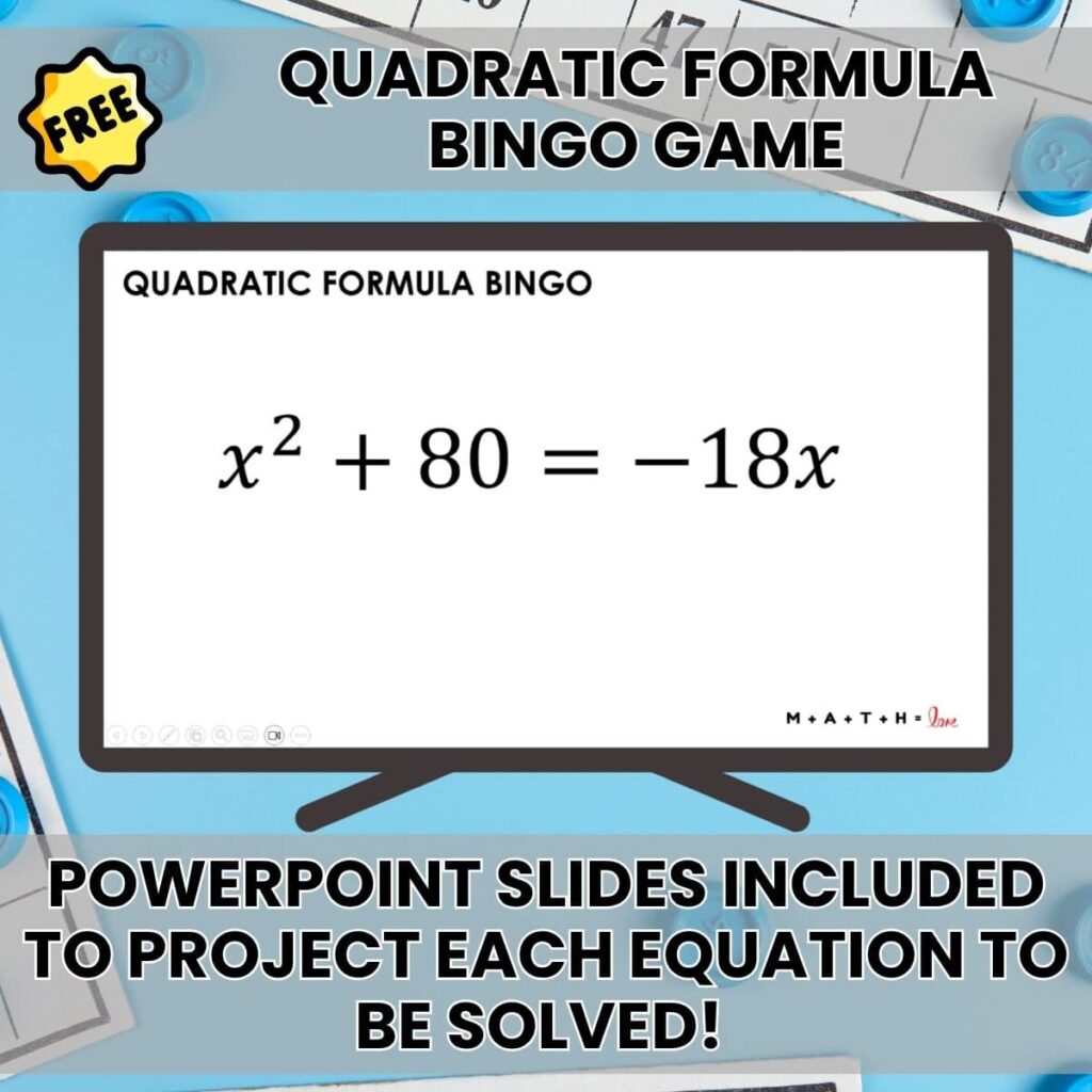 quadratic formula bingo game activity powerpoint slides. 