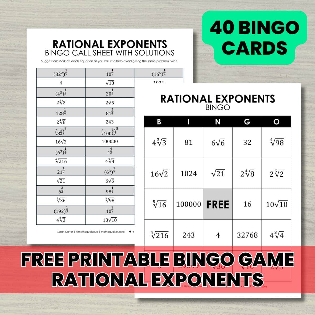 rational exponents to radicals bingo game free printable pdf.