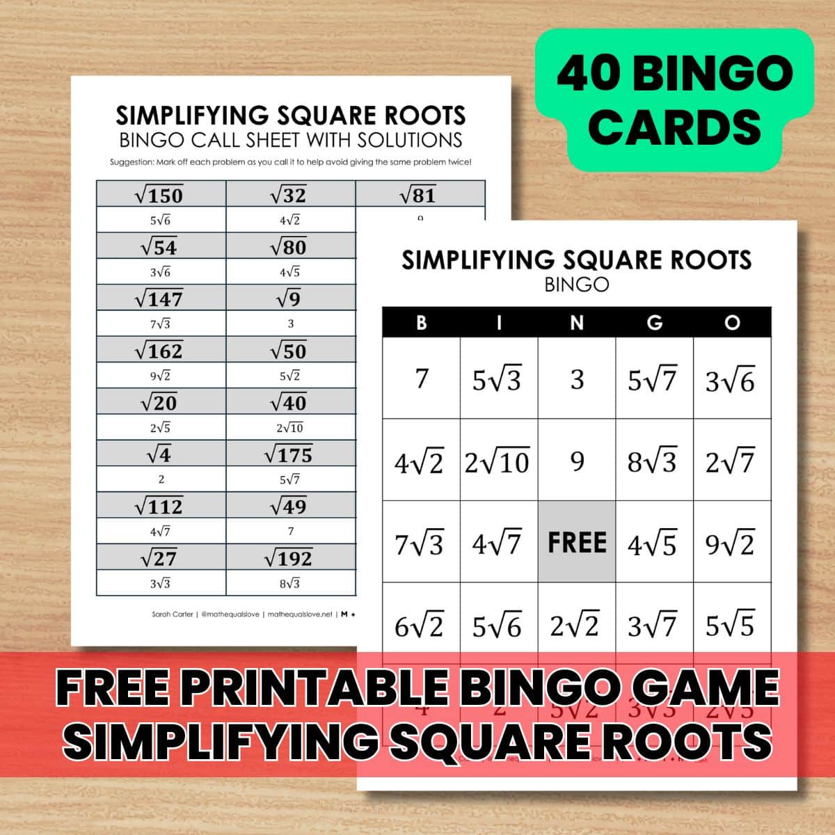 simplifying square roots bingo game activity for simplifying radicals.