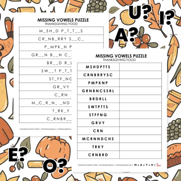 printable thanksgiving day puzzle with missing vowels.