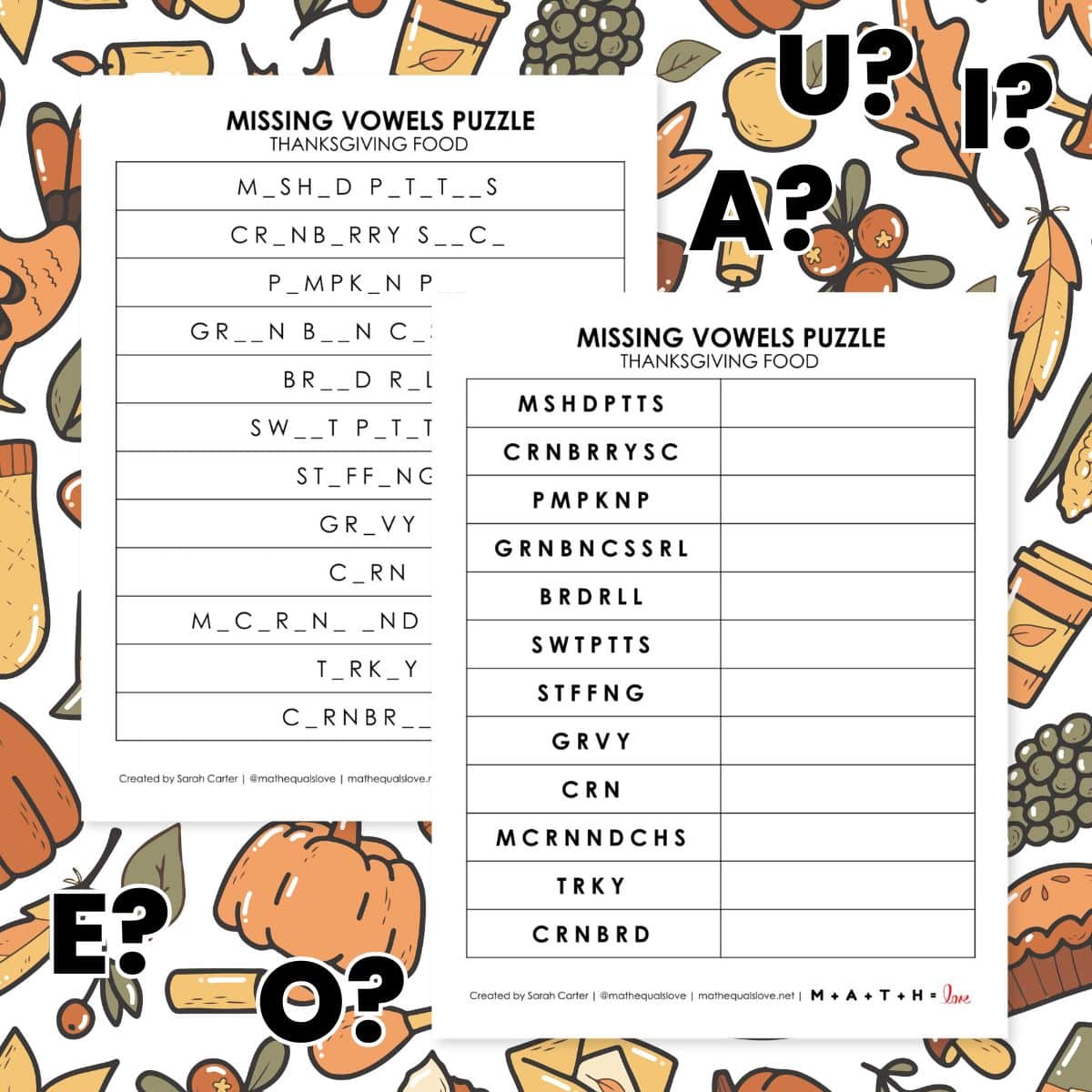 printable thanksgiving day puzzle with missing vowels.