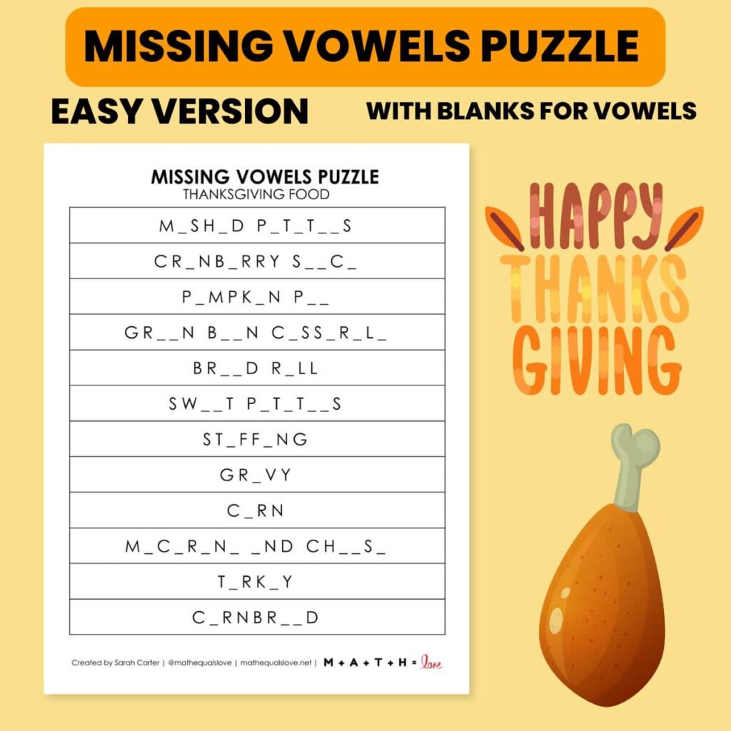easy level of thanksgiving foods missing vowels puzzle printable. 