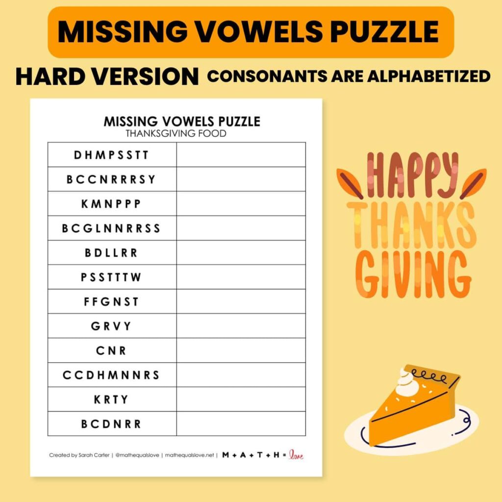 hard level of thanksgiving foods missing vowels puzzle printable. 