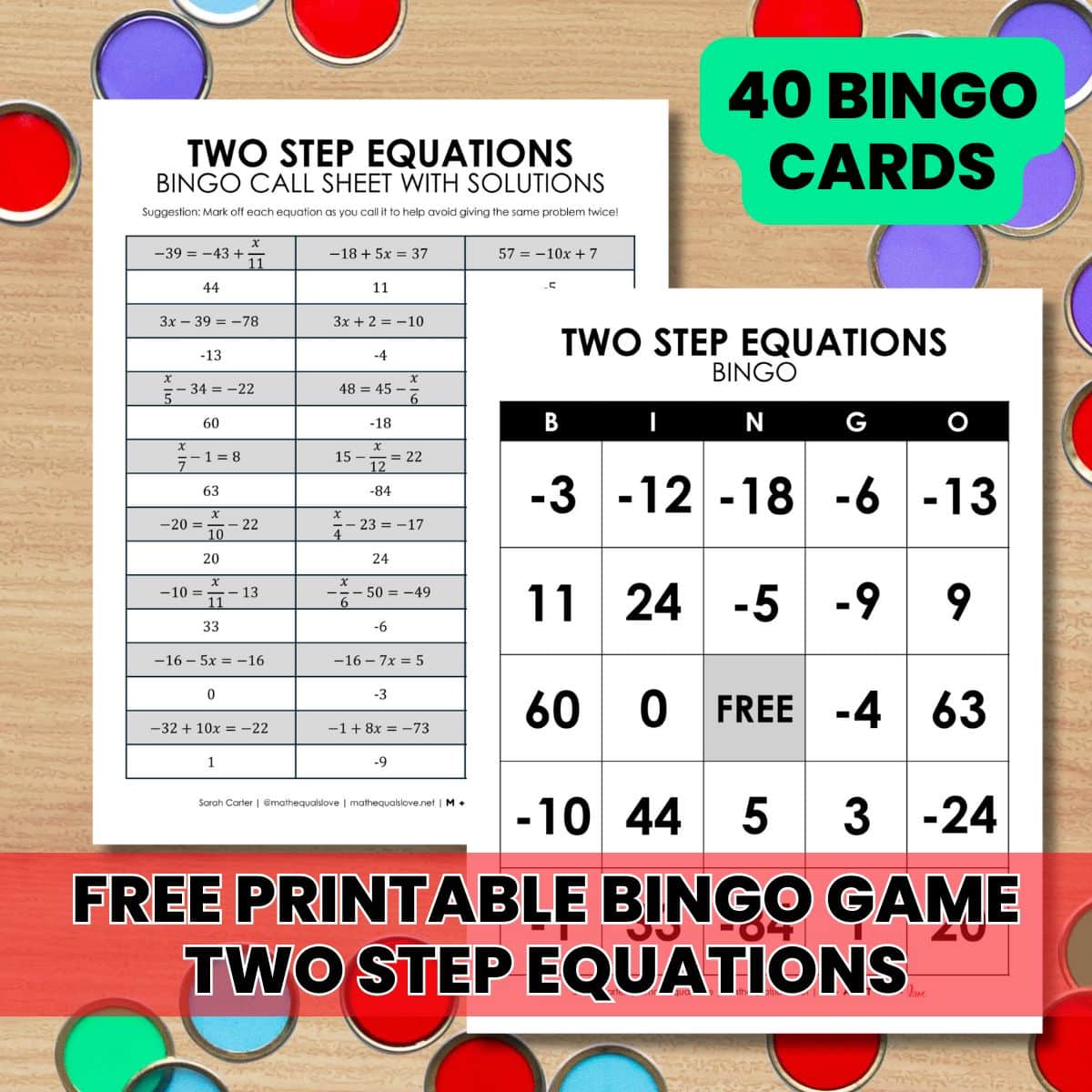 two step equations bingo game free printable pdf.
