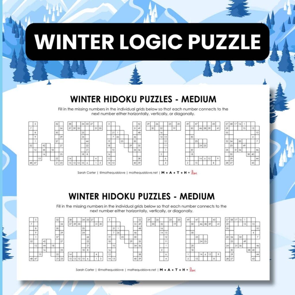 winter hidoku logic puzzles printable pdf free.