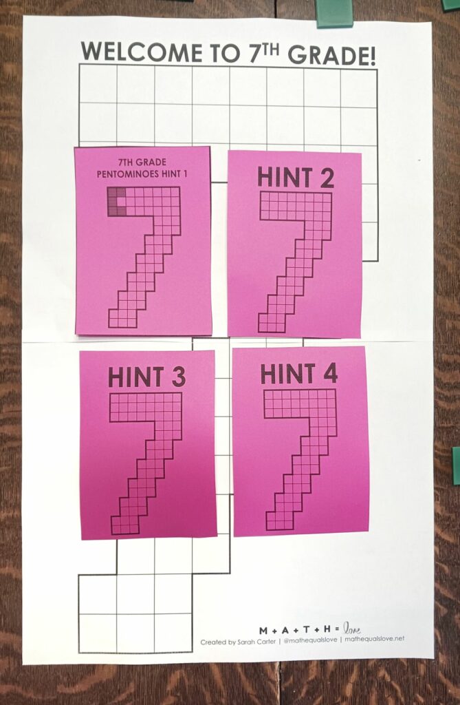 7th grade pentominoes puzzle hint cards for first day of school activity. 