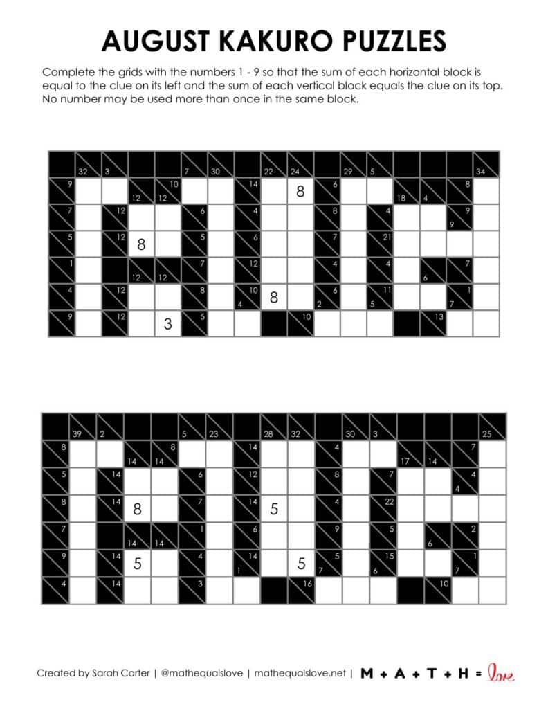 august kakuro logic puzzles printable pdf free. 