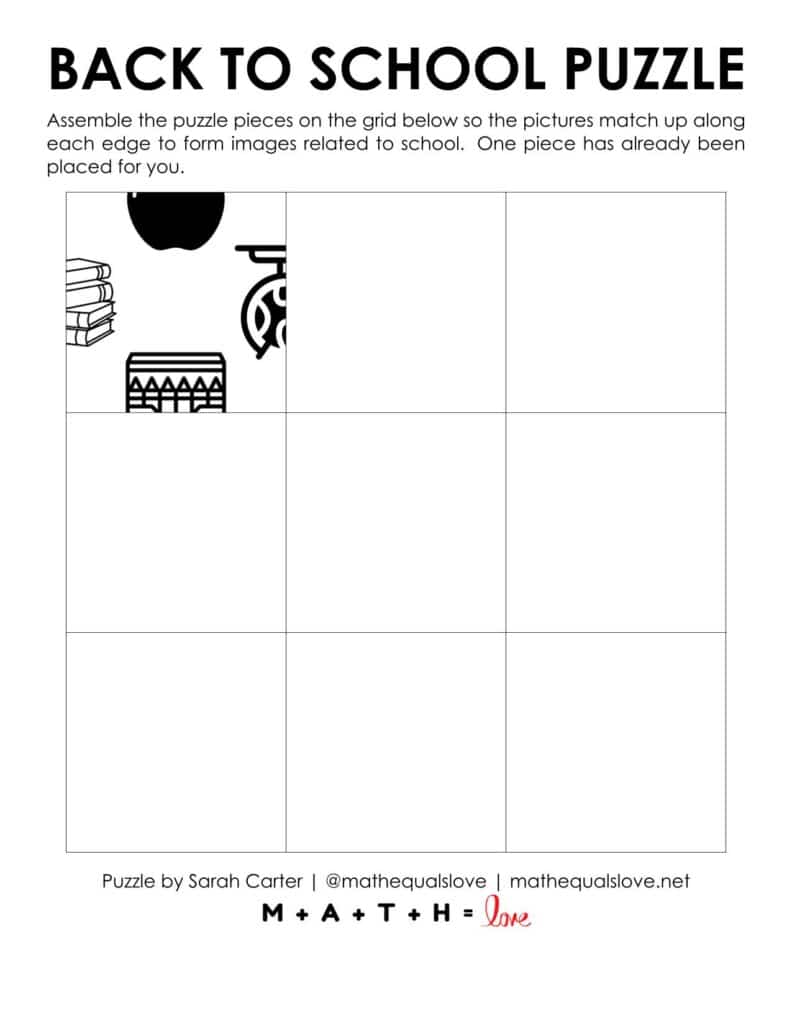 starting hint for back to school square edge matching puzzle. 