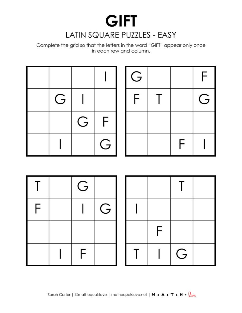 gift latin square logic puzzle free printable pdf. 
